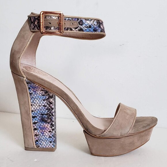 New VINCE CAMUTO Leather Suede Platform Sandal Ankle Strap Snakeskin Pumps Heels - Picture 2 of 10